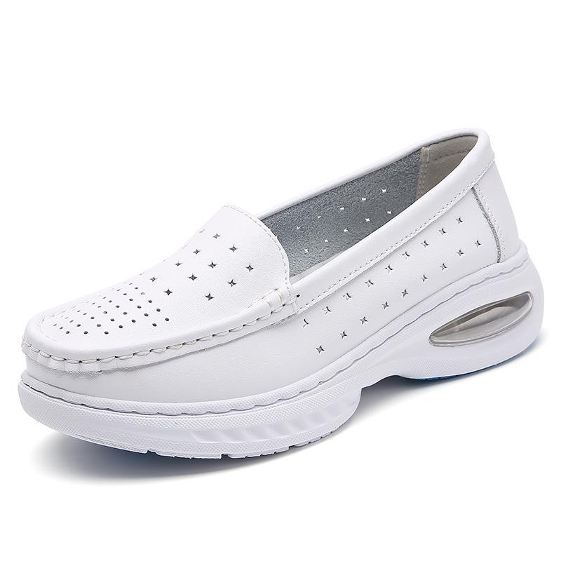 New Nurse Shoes Soft Bottom Breathable Comfortable Non-Stinky Feet Hollow Non-Slip Flat Leather Large Air Cushion Medical White Shoes Very Beautiful