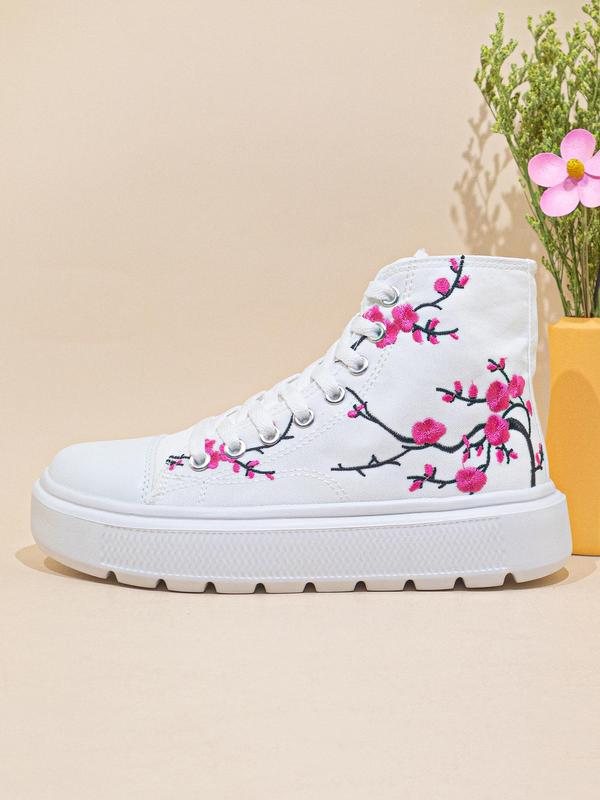 Women's 1 Pair Fashionable Embroidered Floral Pattern Design Canvas Sneakers, Casual Comfortable High Top Canvas Sneakers For Outdoor