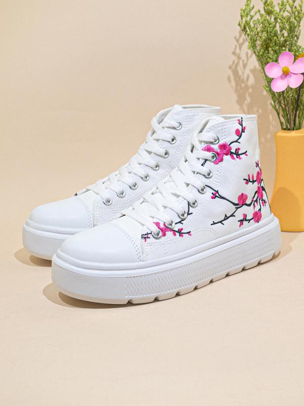 Women's 1 Pair Fashionable Embroidered Floral Pattern Design Canvas Sneakers, Casual Comfortable High Top Canvas Sneakers For Outdoor