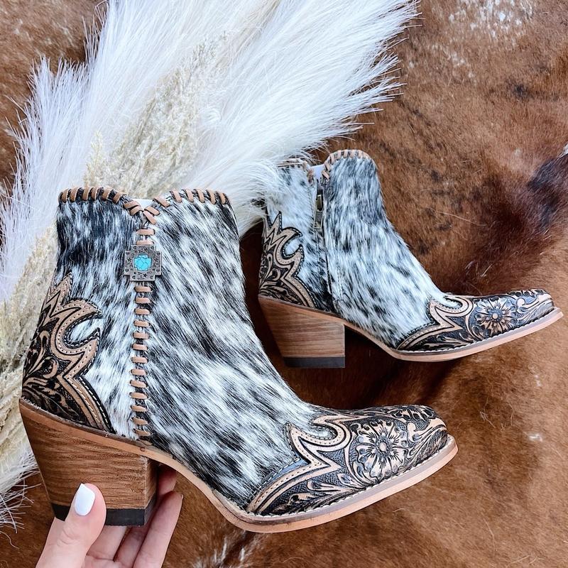 Margie Women's Hair-on Hide Boots with Hand-Tooled Leather and Southwest-Inspired Medallion - Girl, Footwear