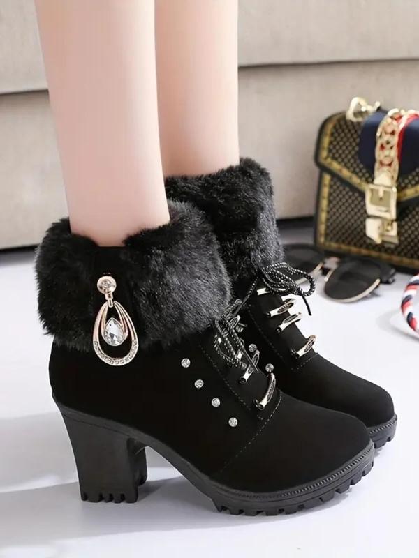 Women's Fashionable Rhinestone Decorated Plush Lining Ankle Heel Boots, Casual Comfortable Round Toe Boots for Fall & Winter, Female All-match Trendy Shoes for Daily Wear