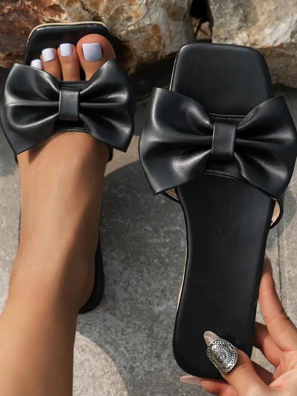 New Trend Bow Decorated Slip on Comfort Flat Sandals, Casual Square Toe Cute 2024 Summer Walking Shoes, Fashionable Back To School Shoes for Daily Indoor and Outdoor Wear