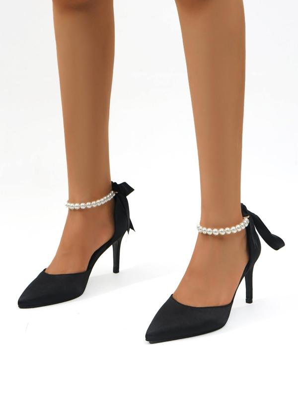 Elegant Pointed Toe Stiletto Heels, Fashion Faux Pearls & Bow Design High Heel Shoes for Party, All-match Stylish Classy Heeled Shoes for Work & Daily Footwear for Girl