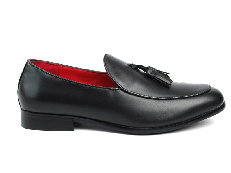 Men's Genuine Leather Black Slip On Loafers Dress Shoes With Leather Tassels & Red Insole AZARMAN