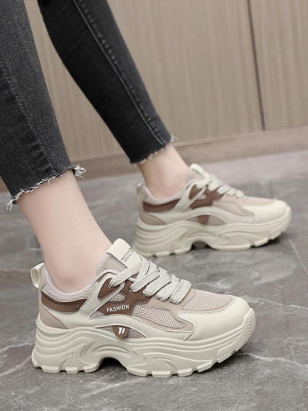 Women's Fashionable Patchwork Lace Up Platform Sneakers, Casual Comfortable Breathable Sports Running Shoes, All-match Round Toe Chunky Sneakers for Daily Wear