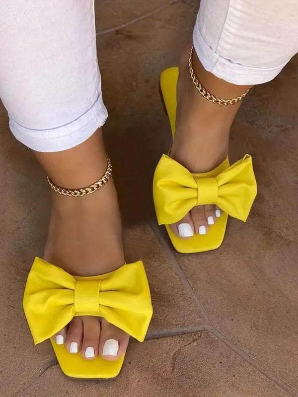 New Trend Bow Decorated Slip on Comfort Flat Sandals, Casual Square Toe Cute 2024 Summer Walking Shoes, Fashionable Back To School Shoes for Daily Indoor and Outdoor Wear