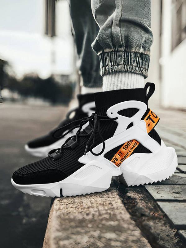 Men's Colorblock Letter Design Lace Up Front Mid Top Sneakers, New Fashion Casual Sporty Running Shoes, Trendy All-match Sneakers for Daily Wear, Fall Shoes