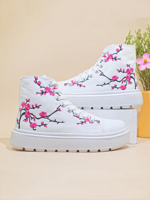 Women's 1 Pair Fashionable Embroidered Floral Pattern Design Canvas Sneakers, Casual Comfortable High Top Canvas Sneakers For Outdoor