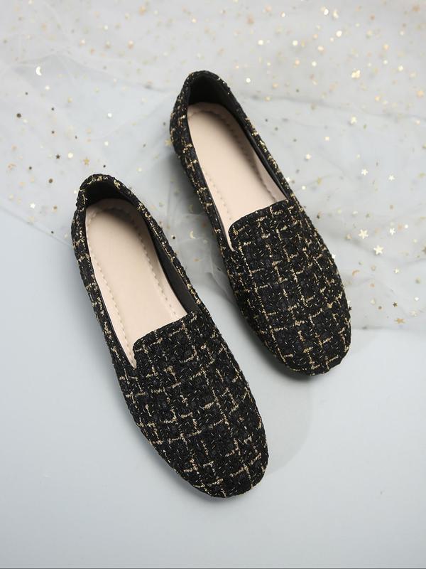 Women's Fashionable Plaid Pattern Tweed Design Slip on Flats, Casual Comfortable Round Toe Flat Shoes for Daily Wear, Lightweight Breathable Shoes for All Seasons