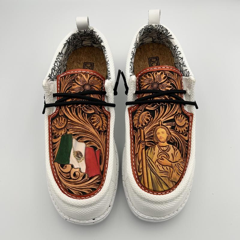 Double R Western Tooled Leather Shoes (White - Mexico San Judas)