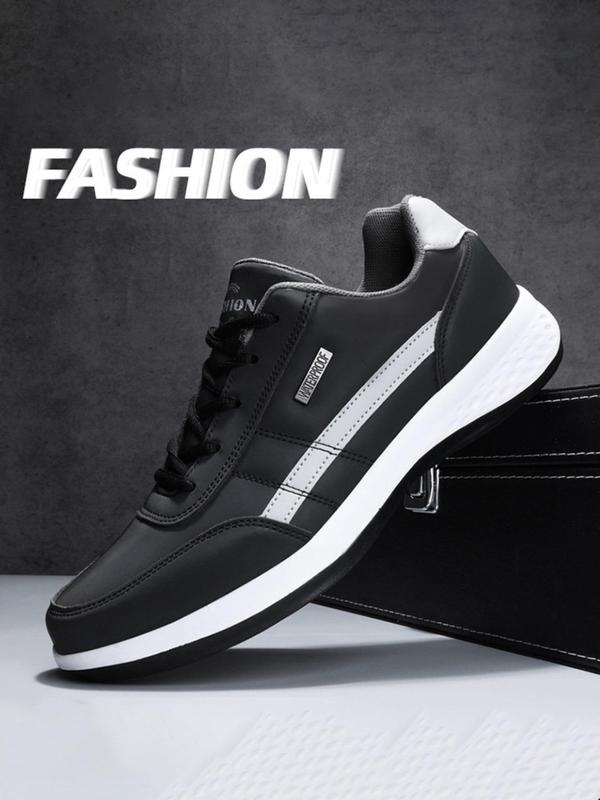 Men's Fashionable Plain Pu Leather Lace-up Low-top Sneakers, Lightweight Mesh Breathable Sneakers, Casual Comfortable Sports Running Shoes