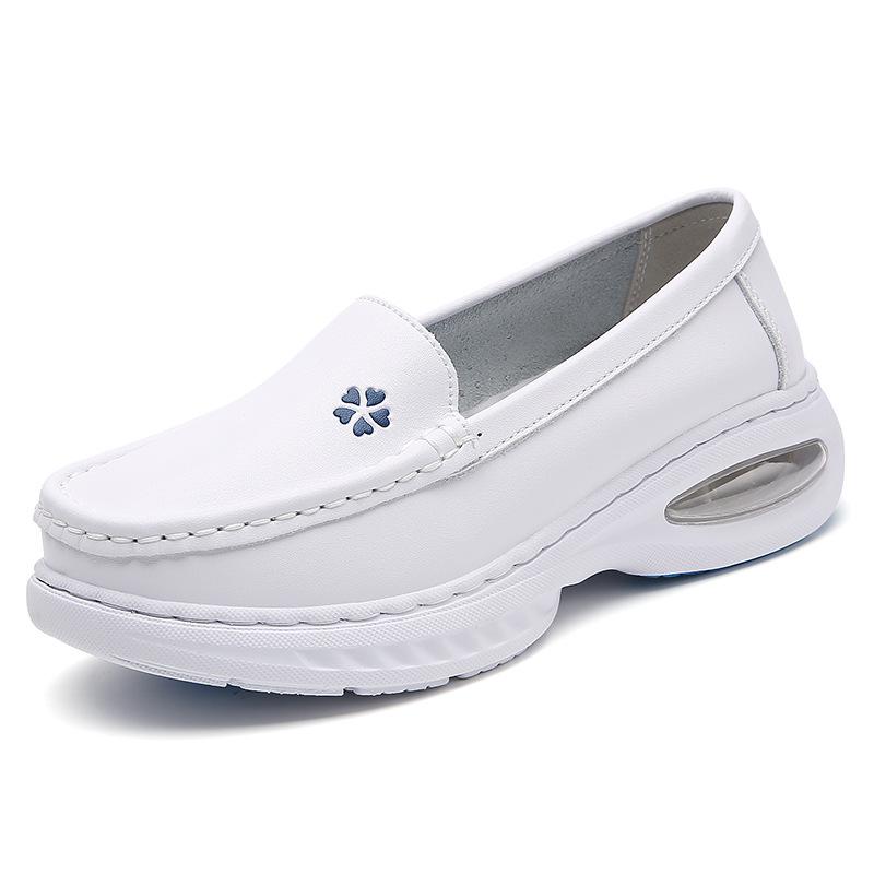 New Nurse Shoes Soft Bottom Breathable Comfortable Non-Stinky Feet Hollow Non-Slip Flat Leather Large Air Cushion Medical White Shoes Very Beautiful