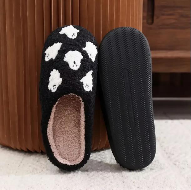 Spooky Halloween Skull & Ghost Pattern Plush Slippers - Soft, Closed-Toe, Fuzzy, Warm, and Cozy House Shoes for Cold Winter Nights - Perfect for Indoor Lounging and Gift Giving