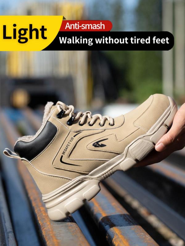 Men's Fleece Safety Shoes, Non-slip Puncture-resistant Lace-up Style Steel Toe Shoes, Thermal Lined Warm Shoes, Warm and Practical, Essential Safety Boots for Industrial Construction Work.