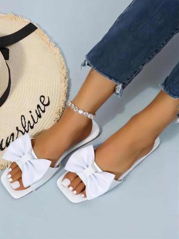 New Trend Bow Decorated Slip on Comfort Flat Sandals, Casual Square Toe Cute 2024 Summer Walking Shoes, Fashionable Back To School Shoes for Daily Indoor and Outdoor Wear