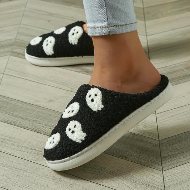 Spooky Halloween Skull & Ghost Pattern Plush Slippers - Soft, Closed-Toe, Fuzzy, Warm, and Cozy House Shoes for Cold Winter Nights - Perfect for Indoor Lounging and Gift Giving