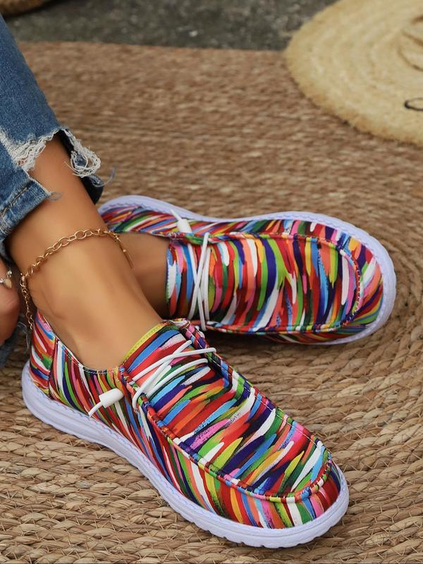 Women's Fashionable Striped Pattern Lace Up Low Top Sneakers, Casual Comfortable Colorful  Fall Shoes for Daily Wear, Trendy All-match Flat Shoes for Women & Girls for Back To School Wear