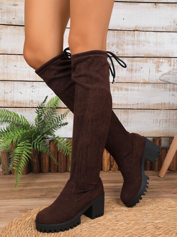 Women's Fashionable Solid Color Lace Up Knee Boots, Casual Comfortable Boots for Daily Wear, Female All-match Trendy Shoes for Fall & Winter