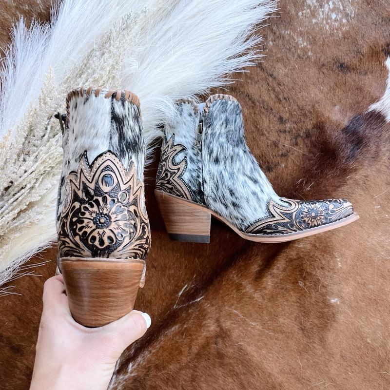 Margie Women's Hair-on Hide Boots with Hand-Tooled Leather and Southwest-Inspired Medallion - Girl, Footwear