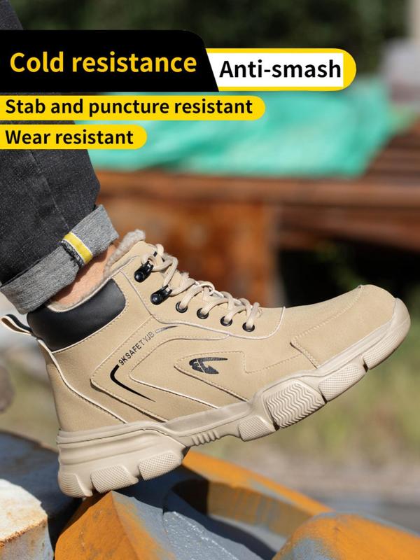 Men's Fleece Safety Shoes, Non-slip Puncture-resistant Lace-up Style Steel Toe Shoes, Thermal Lined Warm Shoes, Warm and Practical, Essential Safety Boots for Industrial Construction Work.