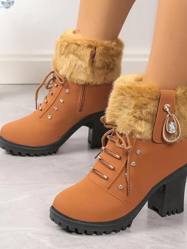 Women's Fashionable Rhinestone Decorated Plush Lining Ankle Heel Boots, Casual Comfortable Round Toe Boots for Fall & Winter, Female All-match Trendy Shoes for Daily Wear