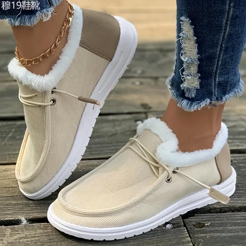 Women's Colorblock Fluffy Shoes, Slip On Thermal Lined Flat Soft Sole Shoes, Winter Plush Casual Canvas Shoes Footwear Walking Shoes