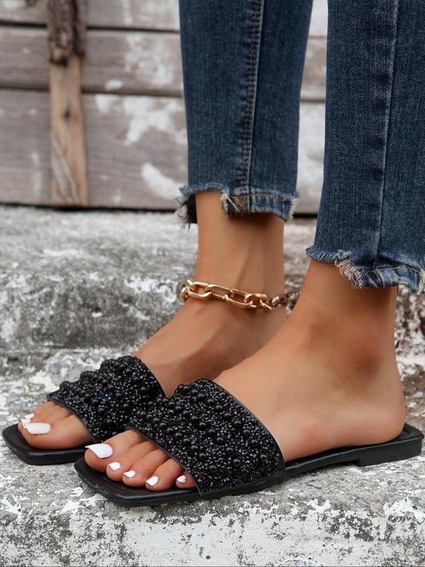 2024 Summer Women's Rhinestone & Beaded Decor Flat Sandals, Casual Comfortable Square Toe Slide Walking Shoes, All-match Exquisite Sandals for Beach Vacation, Footwear