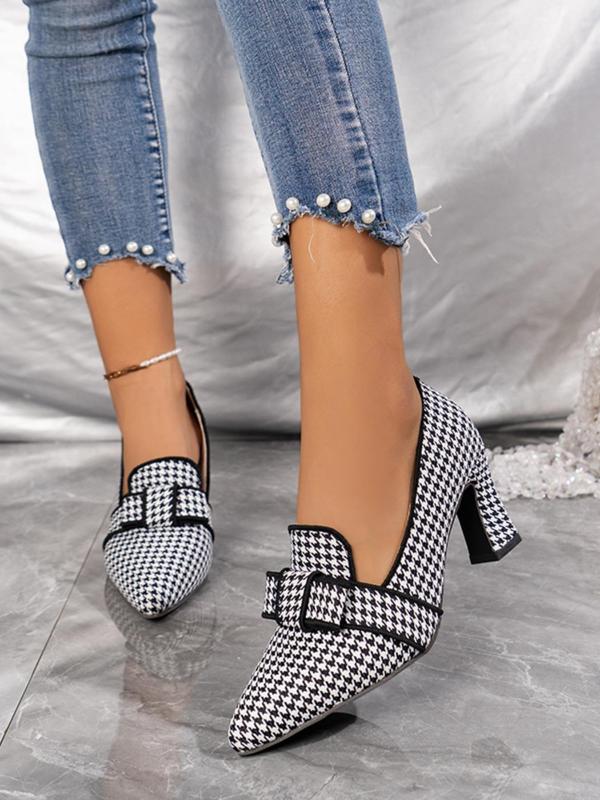 Women's 1 Pair Houndstooth Print Bowknot High Heel Slip on Shoes, Fashionable Pointed Toe Heels for Daily Wear, Lightweight Breathable Comfortable Shoes for Women & Girls