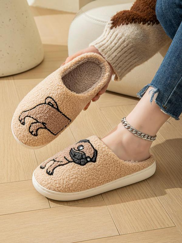 Women's Cute Cartoon Pug Pattern Plush Slippers, Casual Soft Comfortable Home Slippers, Warm Slippers for Indoor & Outdoor Use for Fall & Winter