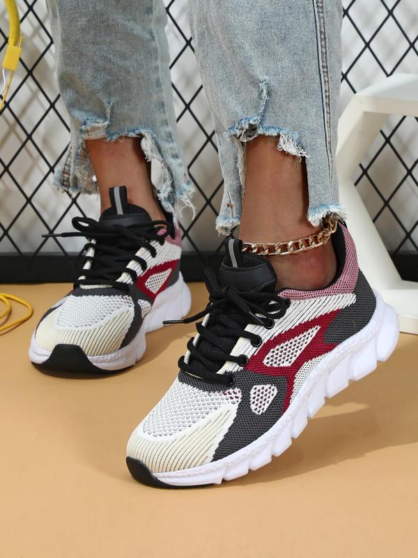 Women's Fashionable Colorblock Patchwork Lace Up Low Top Sneakers, Casual Breathable Comfortable Sports Athletic Shoes, All-match Round Toe Chunky Sneakers for Daily Wear, Fall Shoes