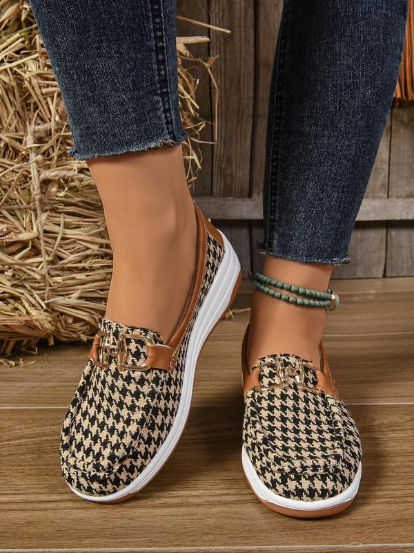 Women's Fashionable Solid Color & Houndstooth Pattern Slip on Loafers, Casual Comfortable Lightweight Round Toe Shoes, All Match Commuter Shoes for Work & Daily