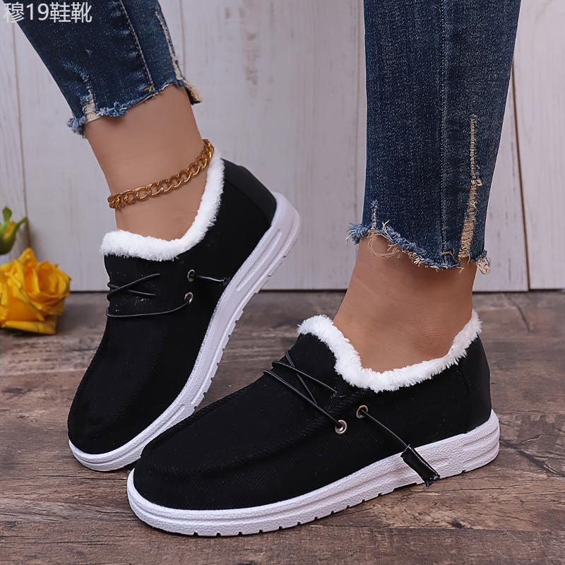 Women's Colorblock Fluffy Shoes, Slip On Thermal Lined Flat Soft Sole Shoes, Winter Plush Casual Canvas Shoes Footwear Walking Shoes