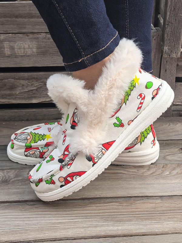 Women's Cute Cartoon Christmas Print Plush Slip on Sneakers, Casual Comfortable Warm Cute Shoes for Fall & Winter, Fluffy Shoes for Indoor & Outdoor