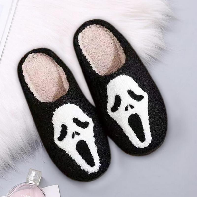 Unisex Ghost Face Plush Cotton Slippers – Cozy, Non-Slip Indoor House Shoes for Women and Men, Soft & Warm Neutral Footwear Girl Walking Shoes