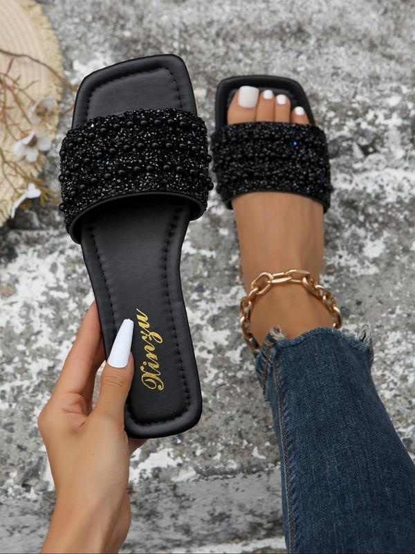 2024 Summer Women's Rhinestone & Beaded Decor Flat Sandals, Casual Comfortable Square Toe Slide Walking Shoes, All-match Exquisite Sandals for Beach Vacation, Footwear