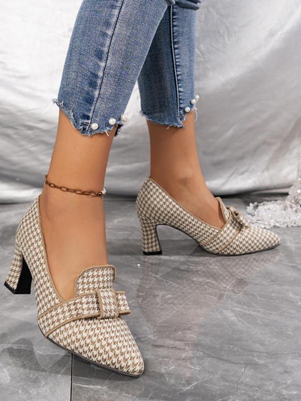 Women's 1 Pair Houndstooth Print Bowknot High Heel Slip on Shoes, Fashionable Pointed Toe Heels for Daily Wear, Lightweight Breathable Comfortable Shoes for Women & Girls