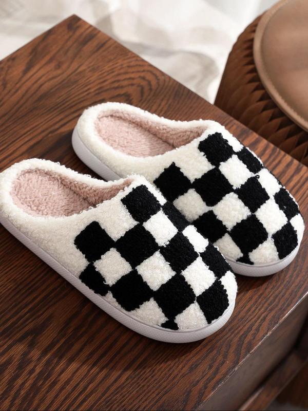 Women's Checkerboard Pattern Plush Slippers, Casual Soft Comfortable Home Slippers, Warm Slippers for Indoor & Outdoor Use for Fall & Winter