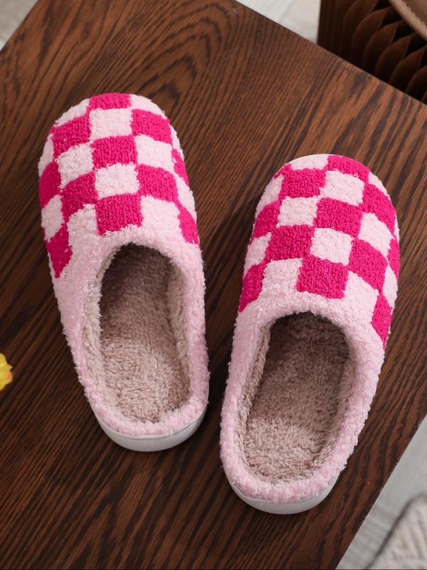 Women's Checkerboard Pattern Plush Slippers, Casual Soft Comfortable Home Slippers, Warm Slippers for Indoor & Outdoor Use for Fall & Winter