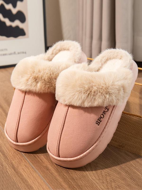 Women's Letter Embroidered Contrast Faux Fur Design Plush Slippers, Casual Soft Comfortable Home Slippers, Warm Slippers for Indoor & Outdoor Use for Fall & Winter