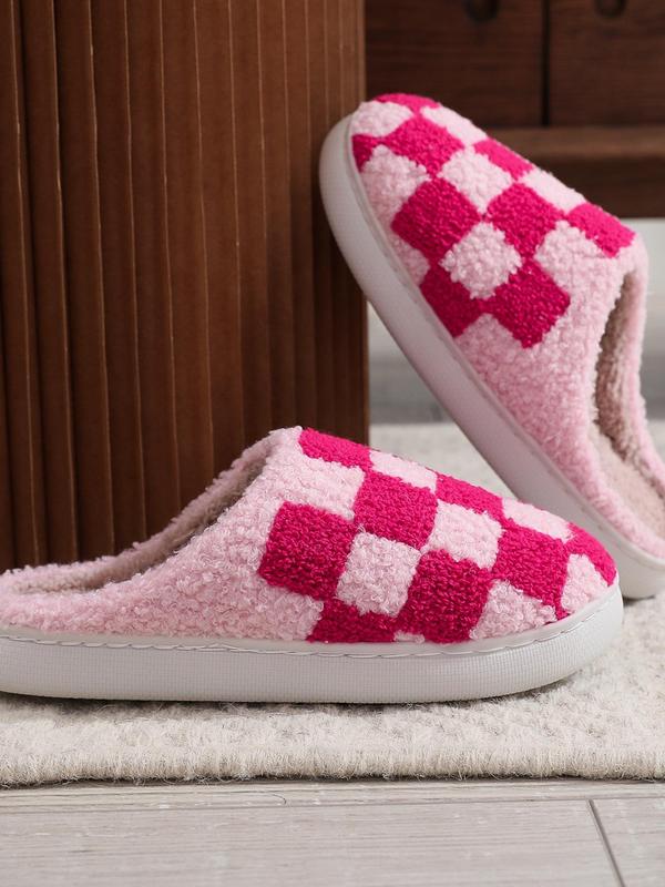 Women's Checkerboard Pattern Plush Slippers, Casual Soft Comfortable Home Slippers, Warm Slippers for Indoor & Outdoor Use for Fall & Winter