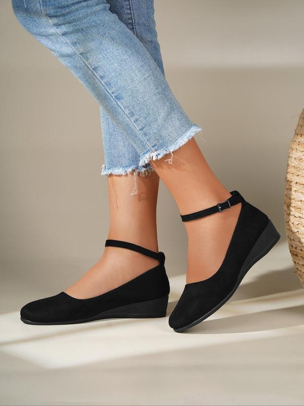 Women's Fashionable Solid Color Ankle Strap Wedge Shoes, Casual Comfortable Round Toe Wedge Flats, Lightweight Breathable Buckle Shoes for Women & Girls