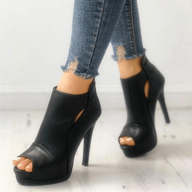 Women's Peep Toe High Heel Ankle Boots, Black Cut-out Back Zipper Stiletto Sandals, Party & Club Shoes