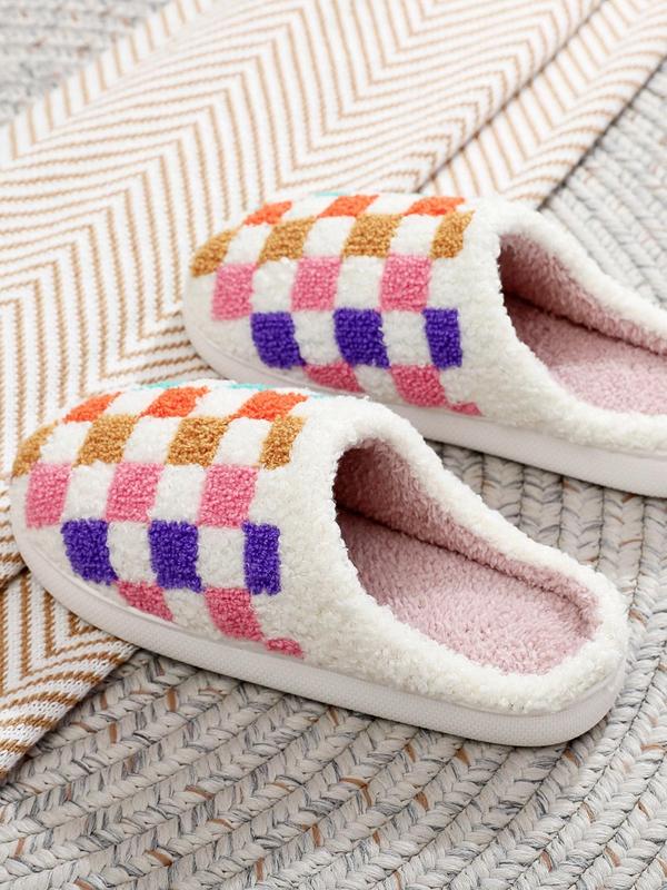 Women's Checkerboard Pattern Plush Slippers, Casual Soft Comfortable Home Slippers, Warm Slippers for Indoor & Outdoor Use for Fall & Winter