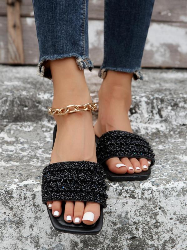 2024 Summer Women's Rhinestone & Beaded Decor Flat Sandals, Casual Comfortable Square Toe Slide Walking Shoes, All-match Exquisite Sandals for Beach Vacation, Footwear