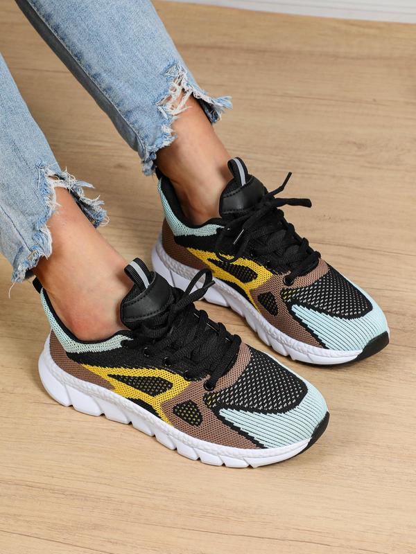 Women's Fashionable Colorblock Patchwork Lace Up Low Top Sneakers, Casual Breathable Comfortable Sports Athletic Shoes, All-match Round Toe Chunky Sneakers for Daily Wear, Fall Shoes