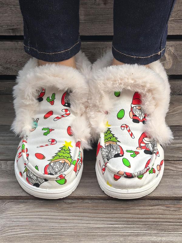 Women's Cute Cartoon Christmas Print Plush Slip on Sneakers, Casual Comfortable Warm Cute Shoes for Fall & Winter, Fluffy Shoes for Indoor & Outdoor