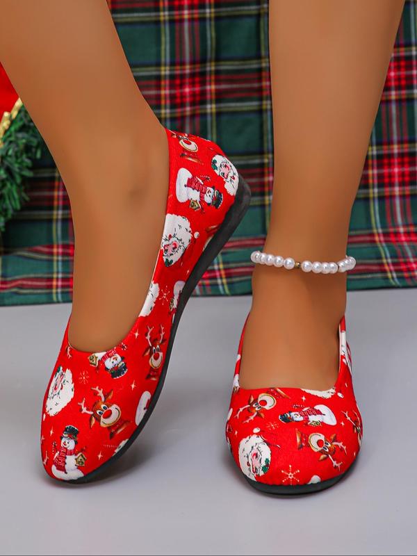 Women's Christmas Themed Cartoon Santa Claus Pattern Slip on Flats, Casual Comfortable Flat Shoes for Daily Wear, Female All-match Round Toe Shoes for Fall & Winter