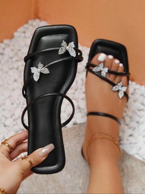 Women's Summer Fashionable Solid Rhinestones Butterfly Decor Slide Sandals, Summer Sandals, Slip-on Flat Sandals, Casual Breathable Square Toe Walking Shoes for Summer 2024, Slippers