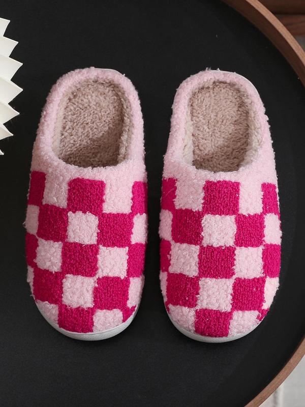 Women's Checkerboard Pattern Plush Slippers, Casual Soft Comfortable Home Slippers, Warm Slippers for Indoor & Outdoor Use for Fall & Winter