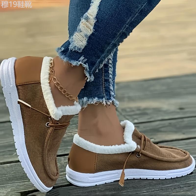 Women's Colorblock Fluffy Shoes, Slip On Thermal Lined Flat Soft Sole Shoes, Winter Plush Casual Canvas Shoes Footwear Walking Shoes